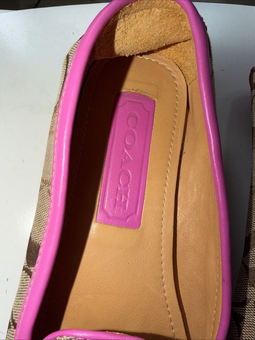 Coach Brown Signature Canvas Loafers with Pink Trim - Picture 3 of 10